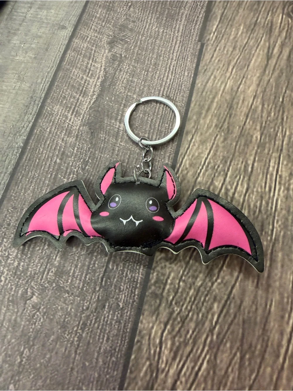 Black Pink Faux Leather Bat Key Chain Bag Charm
